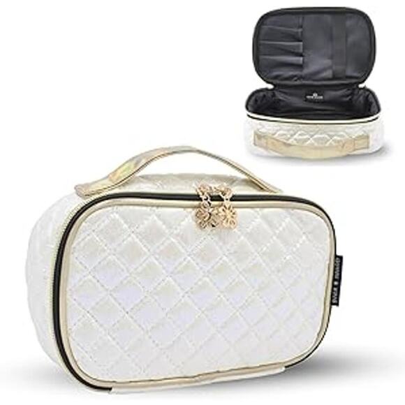 Quinn & King Handbags - Quinn & King Quilted Travel Makeup Bag, Lightweight, Flat Opening Charm Zipper